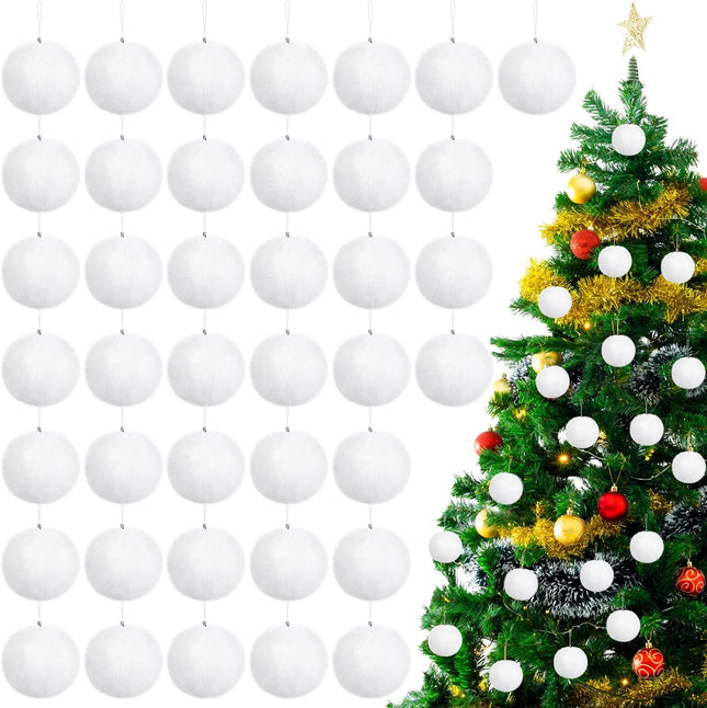 Nuenen 48 Pcs 3.15 Inch Christmas Ball Ornaments Faux Fur Balls Fluffy Pom Poms Christmas Tree Ornaments Snowball Hanging Ornament with Clasp Cord for Party Xmas Decoration Costume Accessories(White)