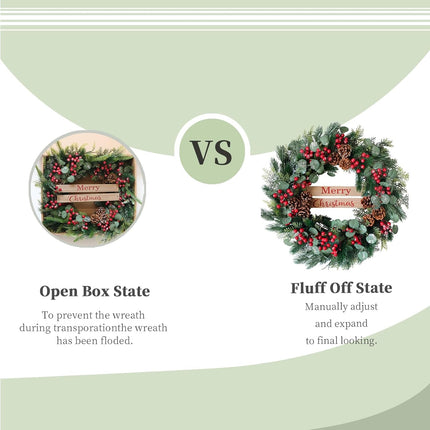 Christmas Decor - 24nch Artificial Christmas Wreath with Eucalyptus Leaves, Pine Cones and Berry Clusters，Winter Front Door Wreath for Indoor Outdoor Farmhouse Festival Home Decor
