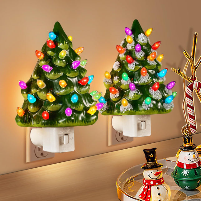 Tfro & Cile Ceramic Christmas Tree Night Light 2 Pack Xmas Decorative Tree Lamp Small Vintage Light Up Bathroom Decor with On/Off Switch for Home Bedroom