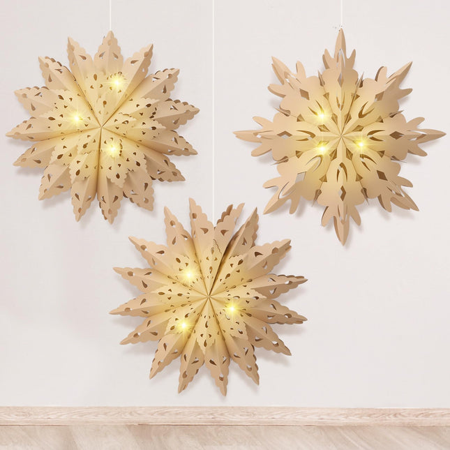 Riakrum 3 Pcs 26 Inch Christmas Snowflake Star Paper Lantern with 3 LED Light Paper Hanging Lamp Party Supplies Hanging Decoration for Xmas Year Winter Weddings Birthday Holiday Party Decoration