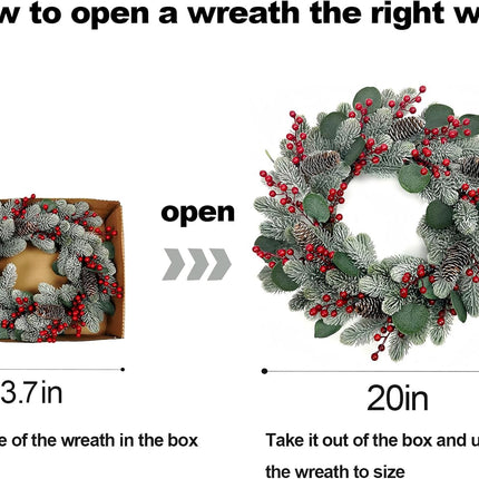 Artificial Christmas Wreath 20 Inch Christmas Wreaths for Front Door Winter Wreath with Pine Needles Pine Cones Eucalyptus Leaves Red Berries for Xmas Doors Walls Fireplaces Winter Holidays