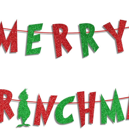 Glitter Merry Christmas Banner Red Green Glittery Christmas Banner Xmas Garland Banner Christmas Party Decorations for Home Wall Mantle Fireplace Party Supplies