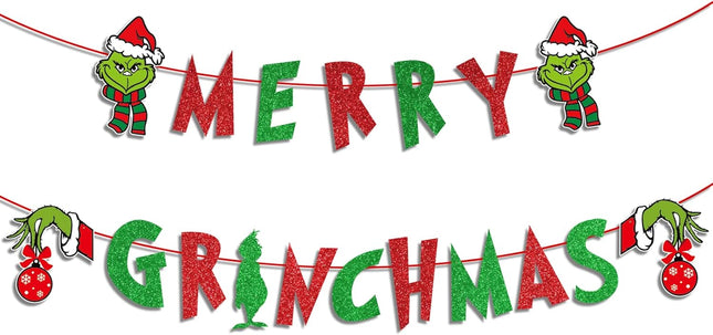 Glitter Merry Christmas Banner Red Green Glittery Christmas Banner Xmas Garland Banner Christmas Party Decorations for Home Wall Mantle Fireplace Party Supplies