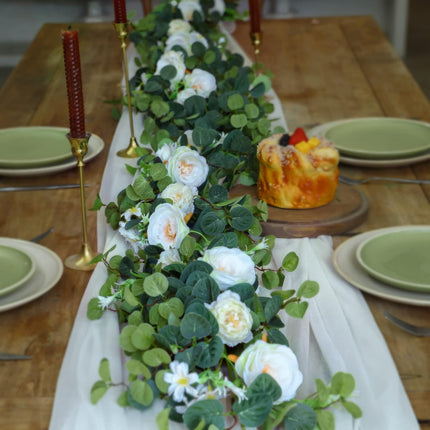 MISSPIN White 6.6 Feet Eucalyptus Garland with Flowers, 16 Lovely Flowers, Artificial Eucalyptus and Rose Garland Decor, Floral Garland Greenery Garland for Wedding Table Decor