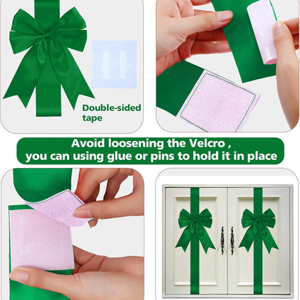 BBTO 6 Pieces Christmas Cabinet Festive Door Ribbons 8X 40 Inches Large Bow Christmas Wreath Bow Christmas Tree Bow Festival Wrapping Decorations for Fireplace Home Door Party Supplies(Green)