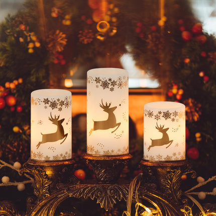 Eldnacele Christmas Flickering Flameless Candles with 6 Hour Timer, Gold Deer Decal Battery Operated Real Wax LED Pillar Candles Home Tabletop Holiday Decor(3Pcs,3×4/5/6 Inches)