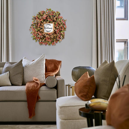 idyllic Elegant Burgundy Fall Wreath 22" with Welcome Sign - Paper Floral Wreaths for Front Door - Perfect Christmas Wreath and Burgundy Decor for Thanksgiving Festival