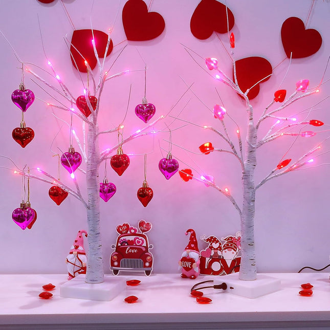 2 PCS 24 Inches Valentines Day Lighted Tabletop Lighted Birch Trees with 18pcs Heart-Shaped Ornaments,Pre-Lit Artificial Tree with Red Pink LEDs Lights for Valentine's Day Party Decor