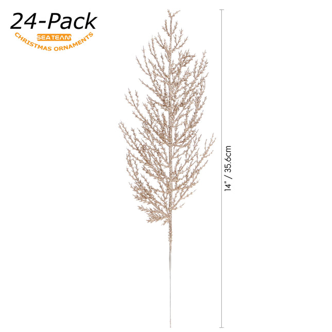 Sea Team 24-Pack Artificial Glitter Pine Tree Twig Ornaments, Decorative Sticks, Glittery Stems, Picks, Branches for Christmas Tree, Small Vase, Holiday, Wedding, Party (14 Inches, Champagne)