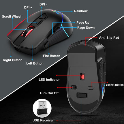 Wireless Gaming Keyboard and Mouse Combo, Long Lasting Rechargeable Battery 87 Keys RGB Rainbow Backlit Gaming Keyboard & Ergonomic Light Up Gaming Mice for Mac Laptop Computer PC Gamer