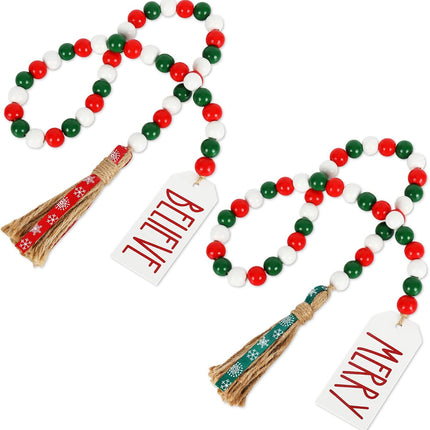 Whaline 2Pcs Christmas Wooden Bead Garlands Xmas Natural Wood Bead Garland with Rope Tassel Classical Red Green Beads Hanging Decor for Farmhouse Tiered Tray Home Wall Decor Christmas Party Suppliers