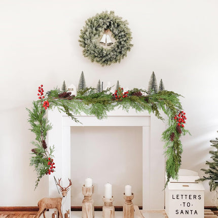 6ft Pine Christmas Garland Decoration, Artificail Pine Leaves Red Berry Garland Christmas with Pine Cones Home Decoration for Winter Holiday Mantel Table Centerpiece (Light Green)