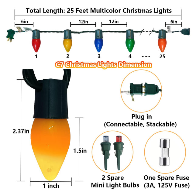 C7 Christmas Lights Outdoor 25Ft, 25 Multicolor LED Bulb Lights Vintage Christmas Lights Plug in Christmas Fairy Lights for Indoor, Outdoor, Home, Party, Wreath, Garden, Christmas Tree Decorations