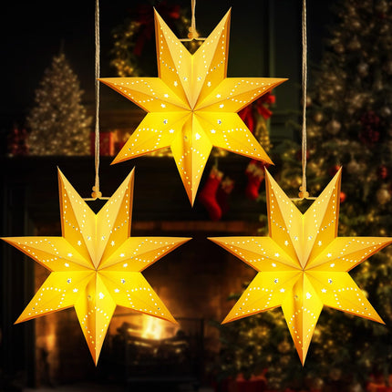 3 Set Star Paper Lantern Hanging Hollow Out Star Light White 7 Pointed Glitter Star with LED Light Battery Box Hanging Decorations for Christmas Birthday Holiday Wedding Home 13.8 Inch