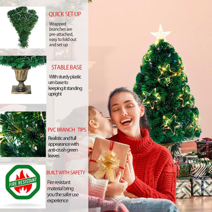 3Ft Fiber Optic Artificial Christmas Tree with Lighted Copper Wire Stars and Tree Topper, Potted Pre-lit Christmas Tree for Entrance Proch Yard Front Door