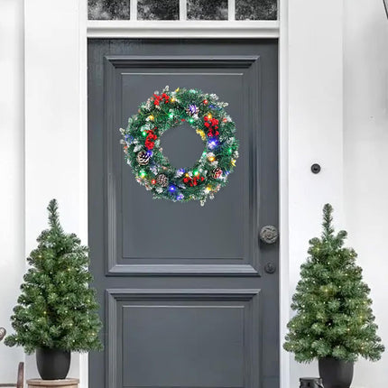 Christmas Wreath, Outdoor Lighted Wreaths for Christmas, Front Door Christmas Wreaths with 30 LED, Pre-Lit Battery Powered Christmas Door Decorations with Pine Cones, Berry Clusters, 18 Inches