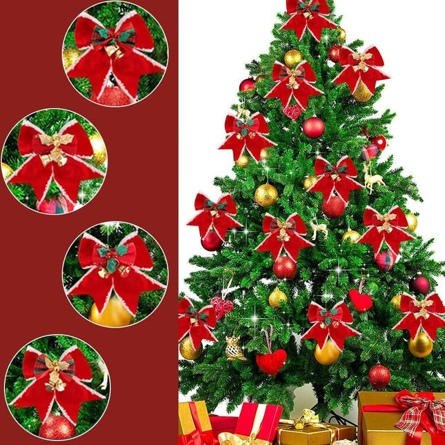 12pcs 3.15inch Christmas Bows Decorations Red Velvet Wreaths Bows with Bells Small Christmas Tree Topper Bows for Wedding Party Farmhouse Decoration Ornaments(B)