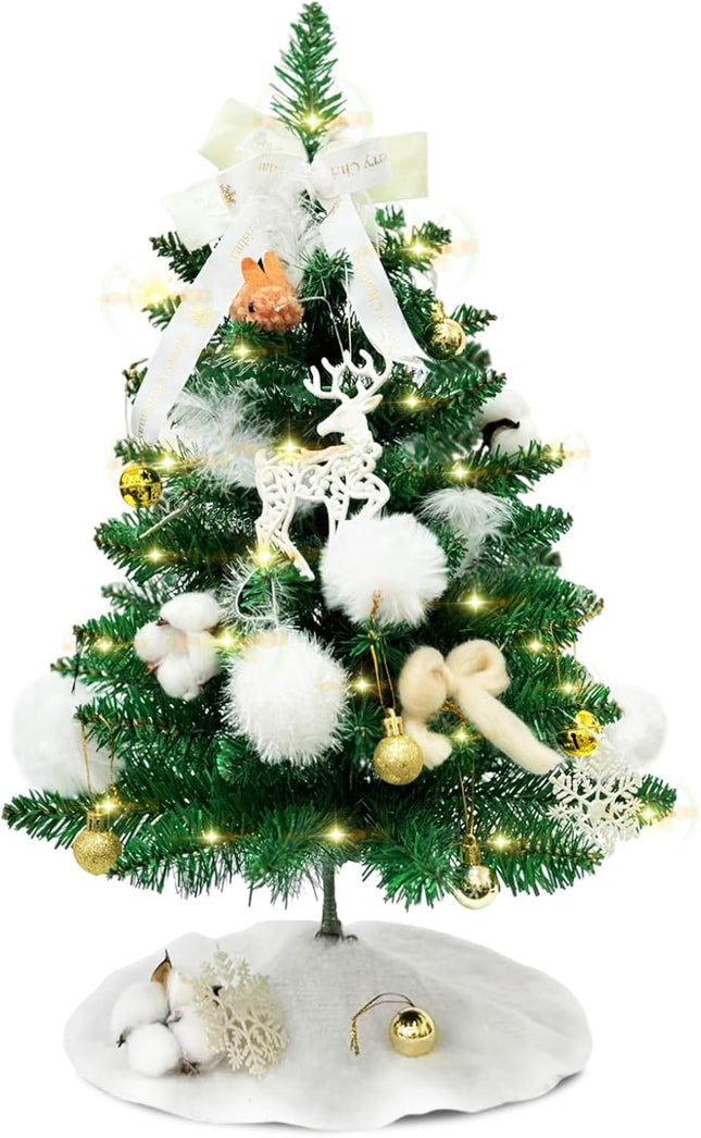 Small Christmas Tree with 1ights - 24" Mini Christmas Tree, Decorated Tabletop Christmas Tree with Tree Skirt, Mini White Christmas Treee with Ornaments, Small Christmas Tree with Decorations