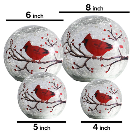Crackle Glass Ball Cardinal Lamp with Timer, Light Up Red Cardinal Stained Glass Christmas Decor Accent Lamp, Lighted Red Bird Globe Glass Table Lamp, Orb Cardinal Night Light, Led Sphere Desk Lamp