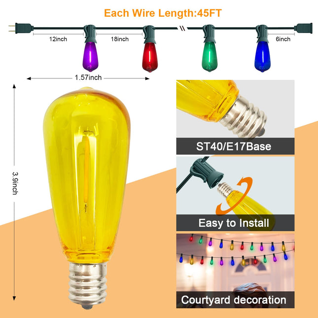 45Ft Multicolor Outdoor String Lights, ST40 Vintage Patio Lights with 32 LED Dimmable Edison Bulb (2 Spare), Christmas Colorful String Lights for Outdoor Patio Bistro Gazebo Pergola Backyard