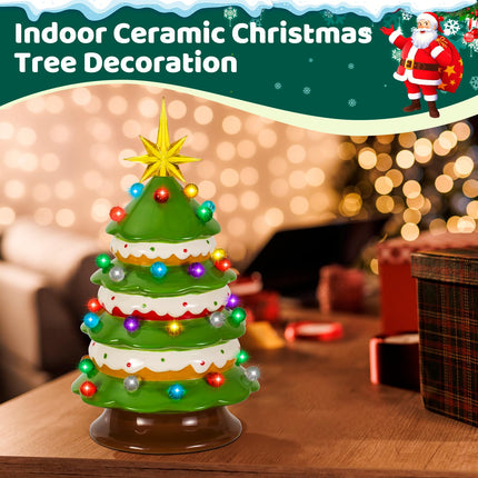 Tfro & Cile Ceramic Christmas Tree Decor 15 Inch Xmas Indoor Statue Tabletop Home Decoration Battery Powered LED Light for Party