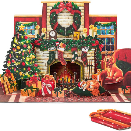 Christmas Fireplace Pop Up Card, Cat and Dog, Christmas Tree, Wreath, Garland, s, Stockings, Cozy 3D Greeting Card, Ideal for Cat and Dog Person, Family, Friends, 5x7