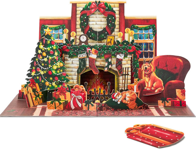 Christmas Fireplace Pop Up Card, Cat and Dog, Christmas Tree, Wreath, Garland, s, Stockings, Cozy 3D Greeting Card, Ideal for Cat and Dog Person, Family, Friends, 5x7