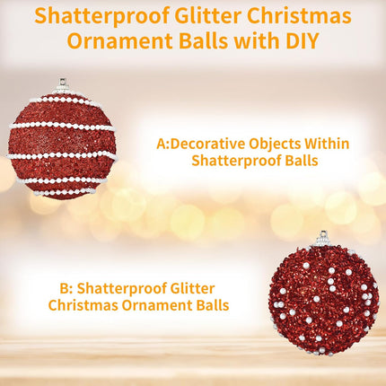 Christmas Balls Decoration - Glitter with Flower Textural Shatterproof Christmas Balls, 12 Pieces Plastic Hanging Balls for Christmas, Holiday, Parties, and Wreath (Red)