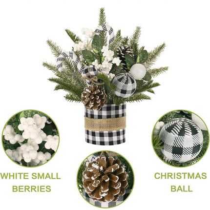 Super Holiday Small Buffalo Check Plaid Christmas Tree, Artificial Mini Tabletop Christmas Tree Decorations with Xmas Ornaments, for Home Party Thankgivings Decor, Black/White-Indoor