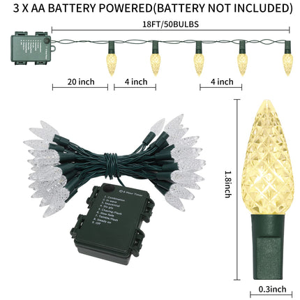 50LED C6 Lights,Green Wire,Waterproof Battery Case,Multi Functions,Timer,Warm White