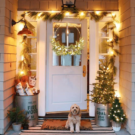 Christmas Silver Lighted Wreath,prelit Christmas Hoop Wreath, Modern Decor,Farmhouse Winter Wreath, 16inch Christmas Wreath for Front Door Outside with flameless Candle,Front Porch Decoration w/Light