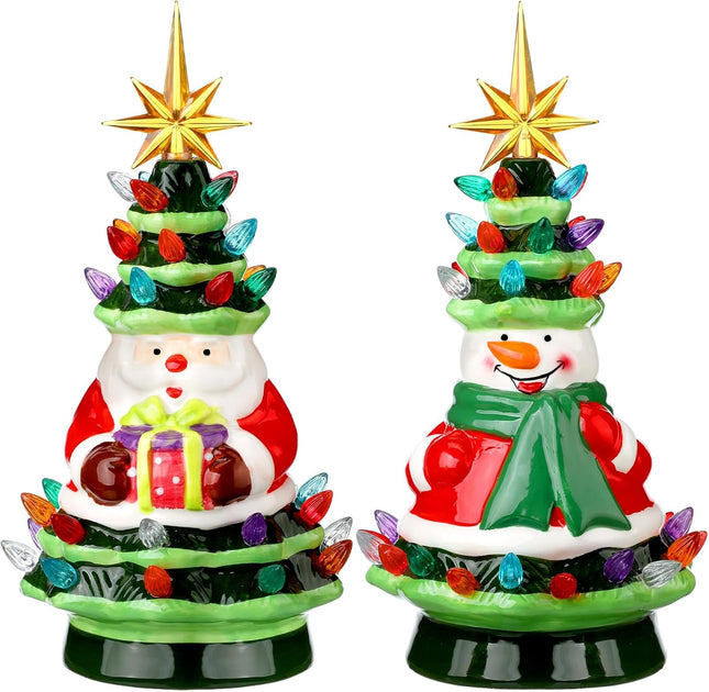 Umigy 2 Pcs 11" Ceramic Christmas Tree with Light Small Gnomes Snowman Tree Ornaments Battery Operated Vintage Light Up Tabletop Christmas Tree Decoration for Holiday Xmas Indoor Decor