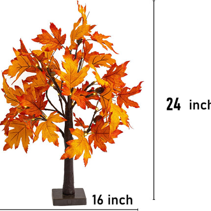 Dazzle Bright 2 Pack 24 Inch Lighted Thanksgiving Fall Maple Tree Decor, 24 LED Battery Operated Decorations Artificial Tree with Timer for Indoor Home Room Holiday Xmas Party
