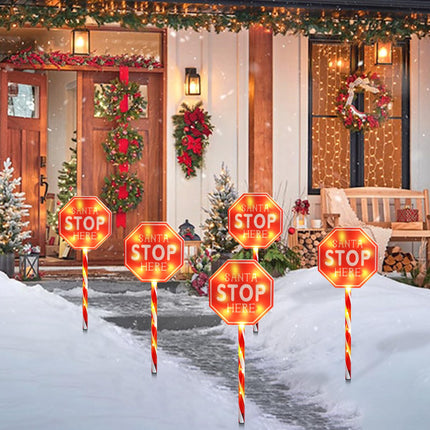 Christmas Santa Stop Here Garden Stakes 5 Packs Battery Christmas Yard Sign with LED Lights Waterproof Xmas Outdoor Decorations for Garden Lawn Pathway