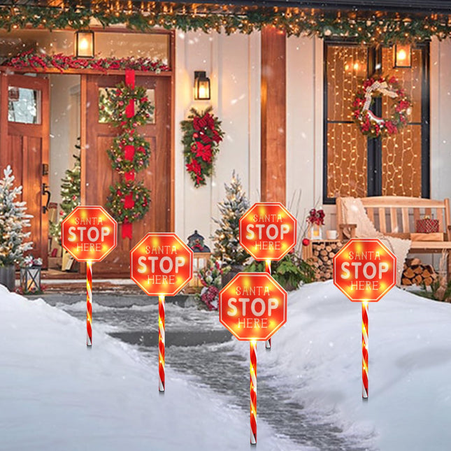 Christmas Santa Stop Here Garden Stakes 5 Packs Battery Christmas Yard Sign with LED Lights Waterproof Xmas Outdoor Decorations for Garden Lawn Pathway