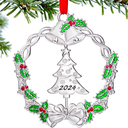 Christmas Ornament for Xmas Tree Decorations Hanging Metal Christmas Wreath with Rotatable Tree Dated Silver Holiday Decorative Ornaments Keepsake for Family Friends