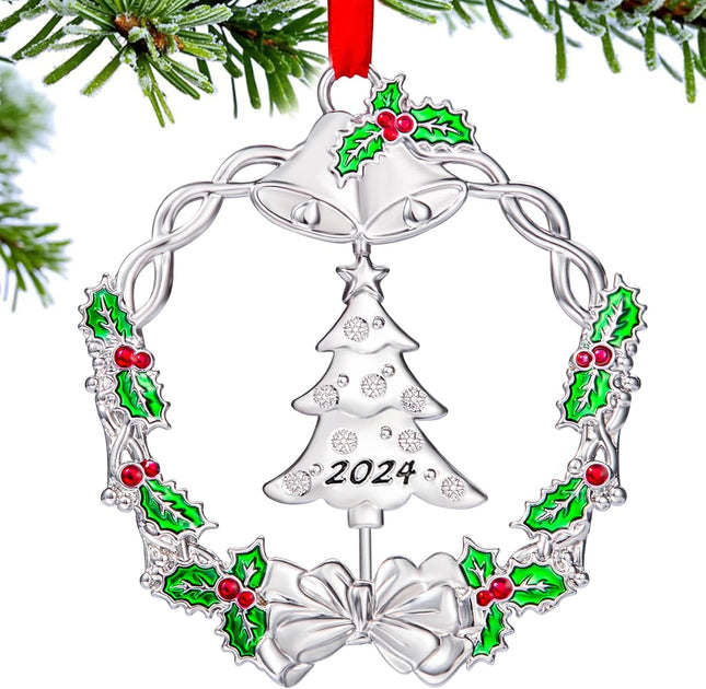 Christmas Ornament for Xmas Tree Decorations Hanging Metal Christmas Wreath with Rotatable Tree Dated Silver Holiday Decorative Ornaments Keepsake for Family Friends