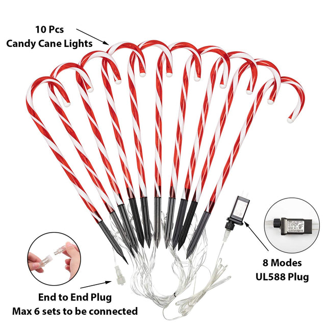Candy Cane Outdoor Landscape Lights - 10 Pack 60 Red LEDs 21in Lighted Christmas Path Lights String with Memory Function 8 Flashing Modes End-to-End Plug in Waterproof Outside Candy Xmas Decorations