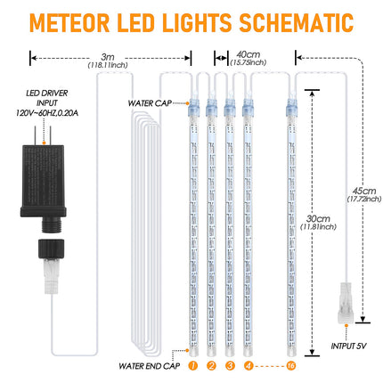 Christmas Lights Meteor Shower Rain Light Falling Rain Lights with 16 Tubes 384 LEDs Waterproof Icicle Snow Fall String Lights for Party Tree Home Patio Outdoor Decoration(16 Tubes,White)
