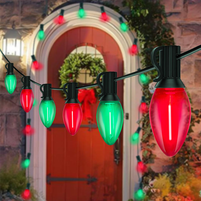 C7 Christmas Lights Outdoor 25Ft Vintage Christmas String Lights with 27 Clear Red and Green Bulbs(2 Spare), Plug in Outdoor Christmas Lights Waterproof for Outside Porch Xmas Tree Party Patio Holiday