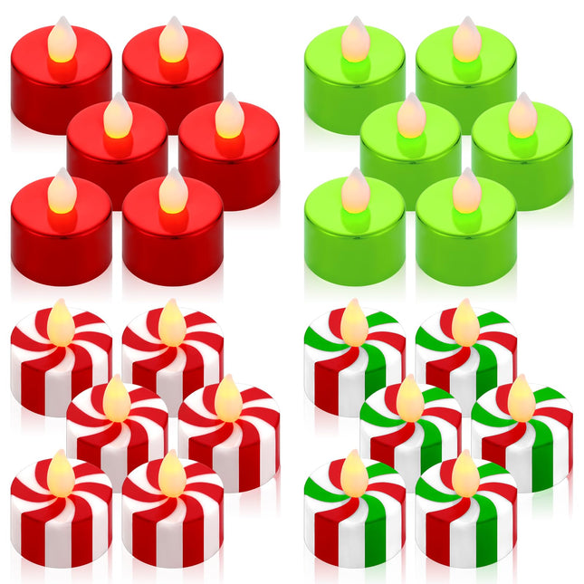 MTLEE 24 Pack Christmas Tealights Candles LED Flameless Tea Lights Candy Cane Striped Red Green Tealight Warm Yellow Tealight Votive Candles for Parties, Weddings, Birthdays and Home Decor