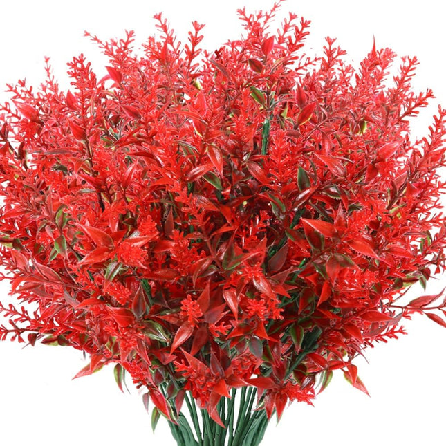 8 Bundles Outdoor Artificial Lavender Fake Flowers, Lifelike UV Resistant No Fade Faux Plastic Plants to Brighten up Your Garden Patio Porch Window Box Décor (Red)