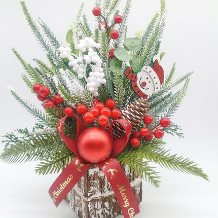 LOLStar Small Christmas Tree Artificial Mini Christmas Tree Decorations with Holiday Ornaments Red White Berry Pinecone Wooden Snowman Sign, Table Top Christmas Decor Indoor for Office Desk Home