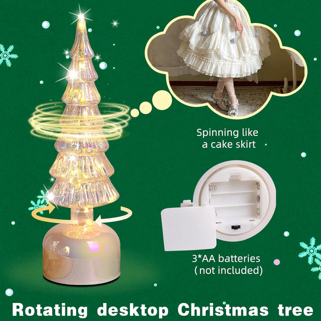 Glass Christmas Trees for Tabletop, Rotating Mercury Glass Christmas Tree Decor, Sparking Christmas Centerpiece Table Decorations, Battery Operated Lamp with Timer, Set of 2 Christmas Trees (Silver)