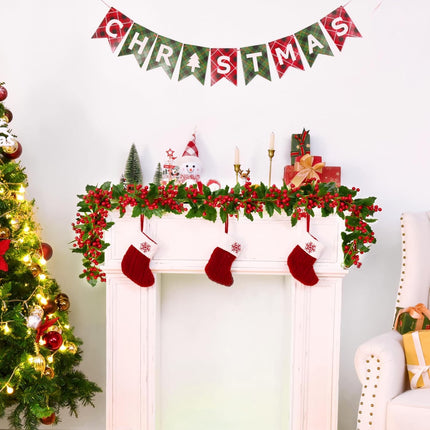Christmas Garland, Red Berry Garland, Green Garland Christmas Decorations Indoor, Christmas Tree Garland for Mantle Holly Outdoor Home Table Year Decor
