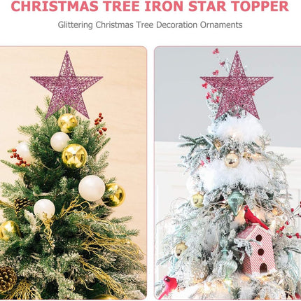 Christmas Tree Topper 10 Inch Pink Glitter Star with Metal Hollow Design Wire Star Treetop for Holiday Christmas Home Decoration