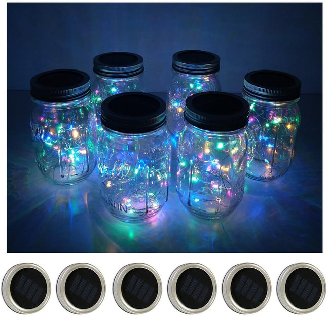 Decorman Solar Mason Jar Lid Lights, 6 Pack 10 LED Waterproof String Fairy Star Firefly Jar Lids Lights for Patio Garden Yard Lawn Party Wedding Christmas Decoration(Jars & Hangers Not Included)