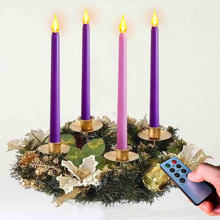 Set of 4 Battery Operated Flameless Taper Candles for Advent Wreath - 3 Purple, 1 Pink - Flickering Candles for Home, Church, School Decor