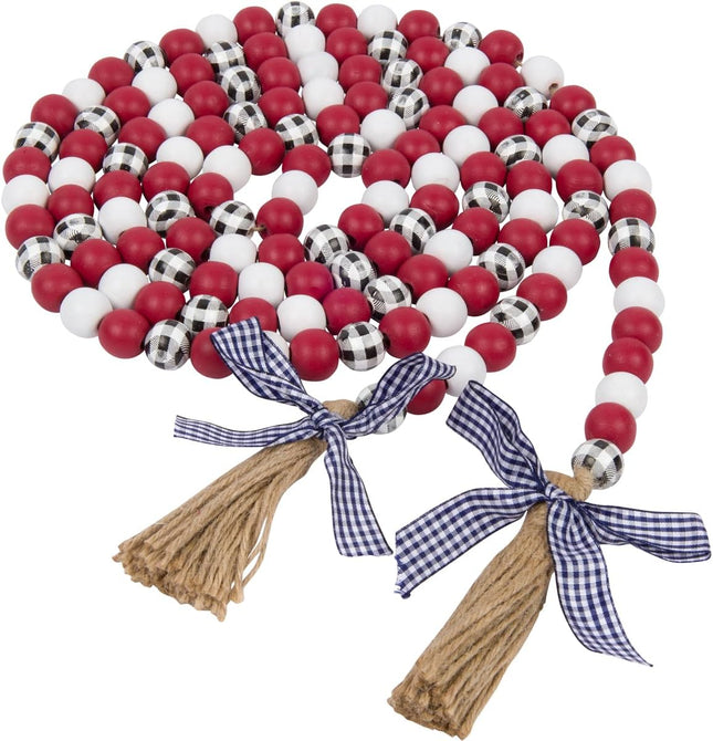 One Holiday Way 9-Foot Rustic Red, White and Black/White Plaid Wood Bead Garland Christmas Tree Decoration - Decorative Vintage Wooden Beads for Everyday Chic Winter Farmhouse Xmas Party Home Decor