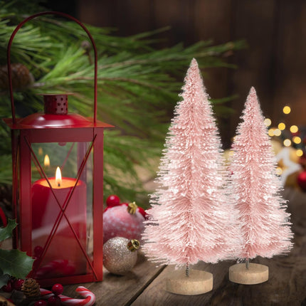 8pcs Mini Christmas Tree, Artificial Bottle Brush Trees with Wood Base, Tabletop Miniature XmasTrees with 4 Small Christmas Wreath, Fake Xmas Tree Ornament, White Christmas Tree for Christmas Décor